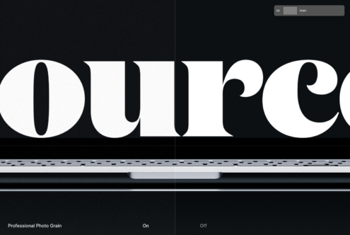 Large serif letters displayed on laptop with photo grain texture toggle visible