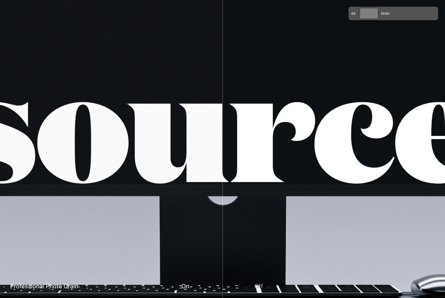 Wide dual monitor with grain texture overlay on large typography