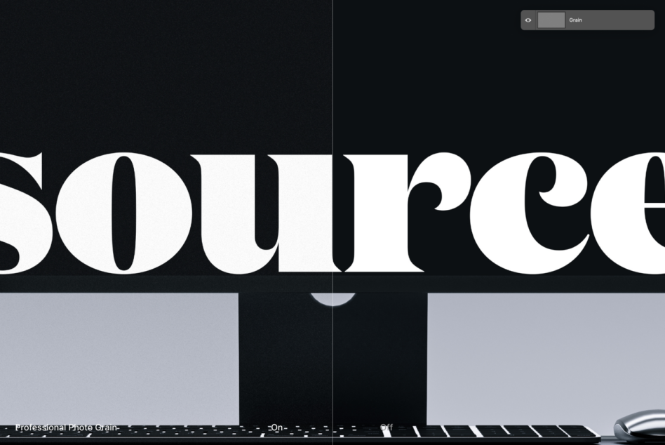 Wide dual monitor with grain texture overlay on large typography
