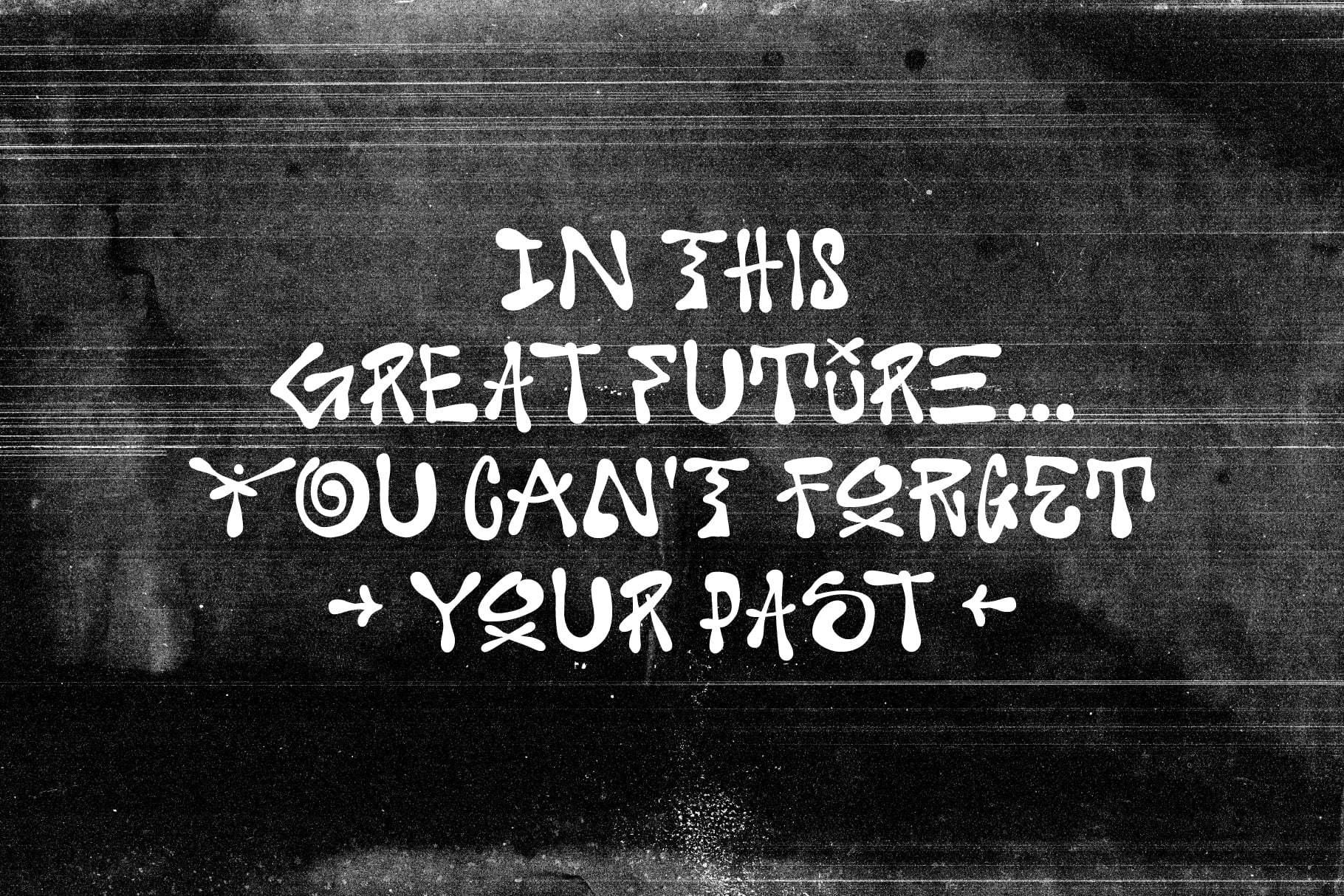 Hand drawn text on dark grainy background reading future mantra with distressed effect