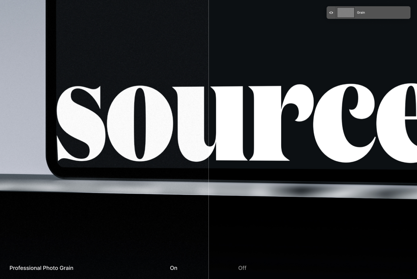 Bold serif type on black monitor with photo grain texture overlay