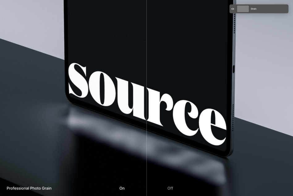 Tablet mockup displaying Source text with professional photo grain toggle on off