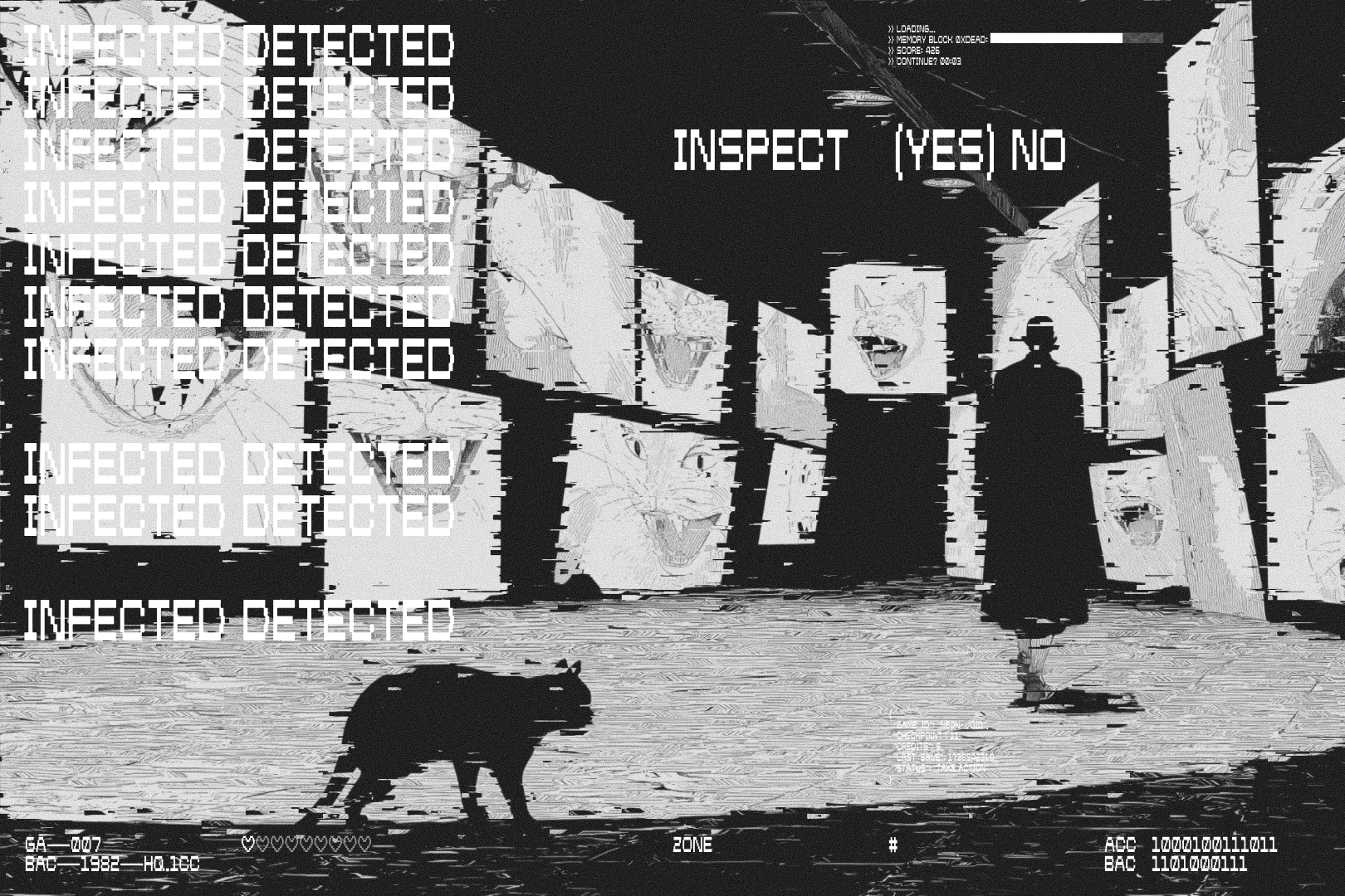 Low-res game scene with infected detected warnings, silhouettes walking through corrupted space