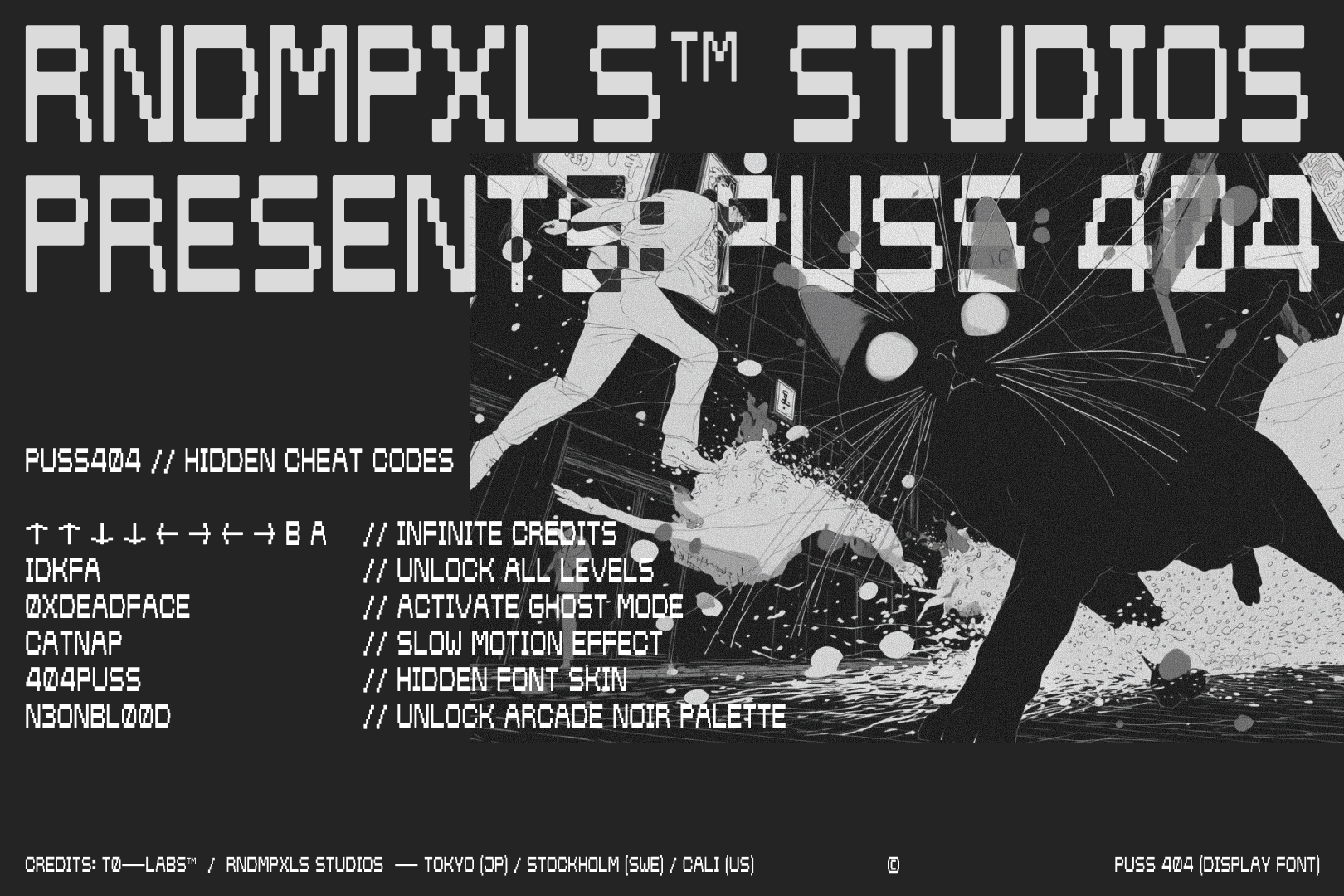 Retro arcade game aesthetic with cheat codes listed, figure jumping through glitchy space