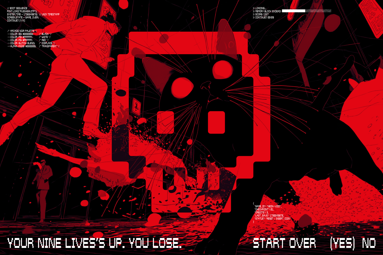 Red black action scene with geometric text overlay in chunky pixel lettering style