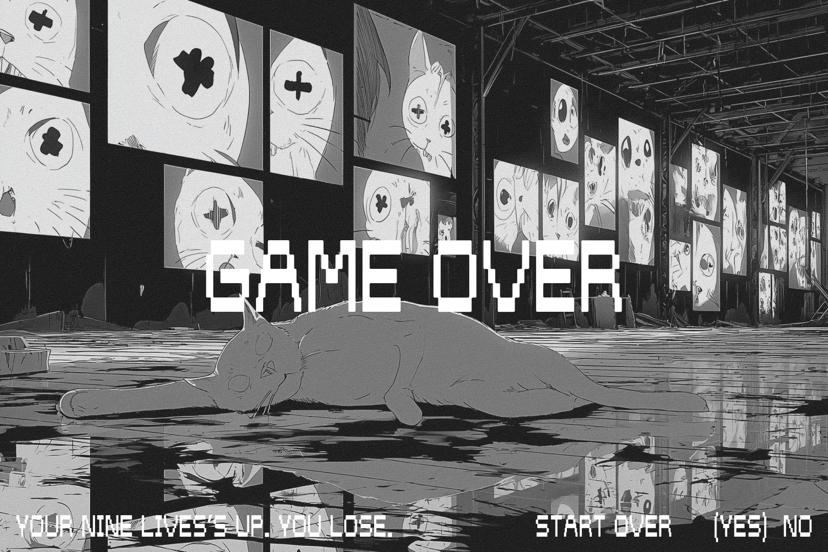 Manga warehouse scene with cat lying down, large GAME OVER text in pixel font