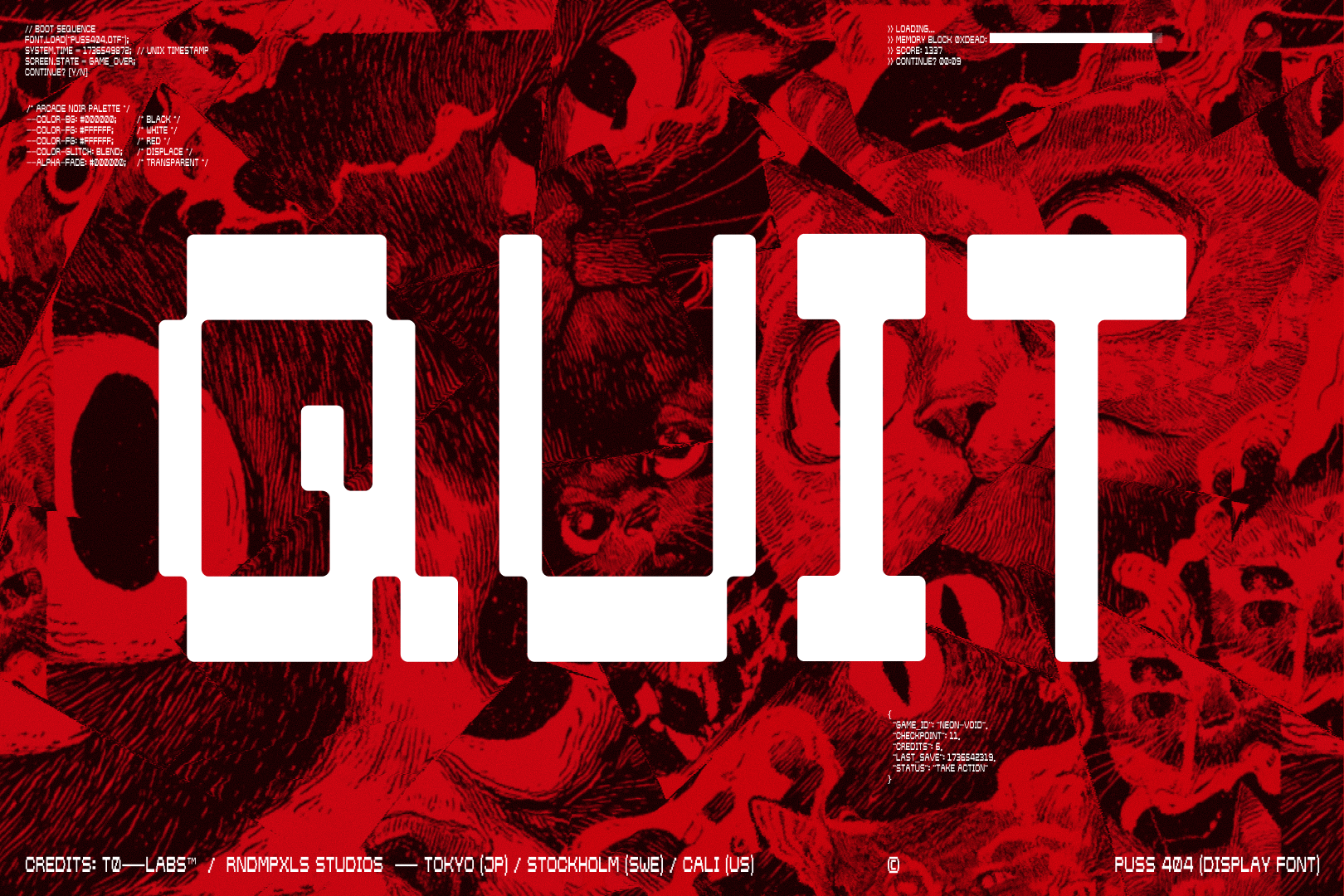 Bold white pixelated text reading EXIT overlaid on red halftone manga artwork