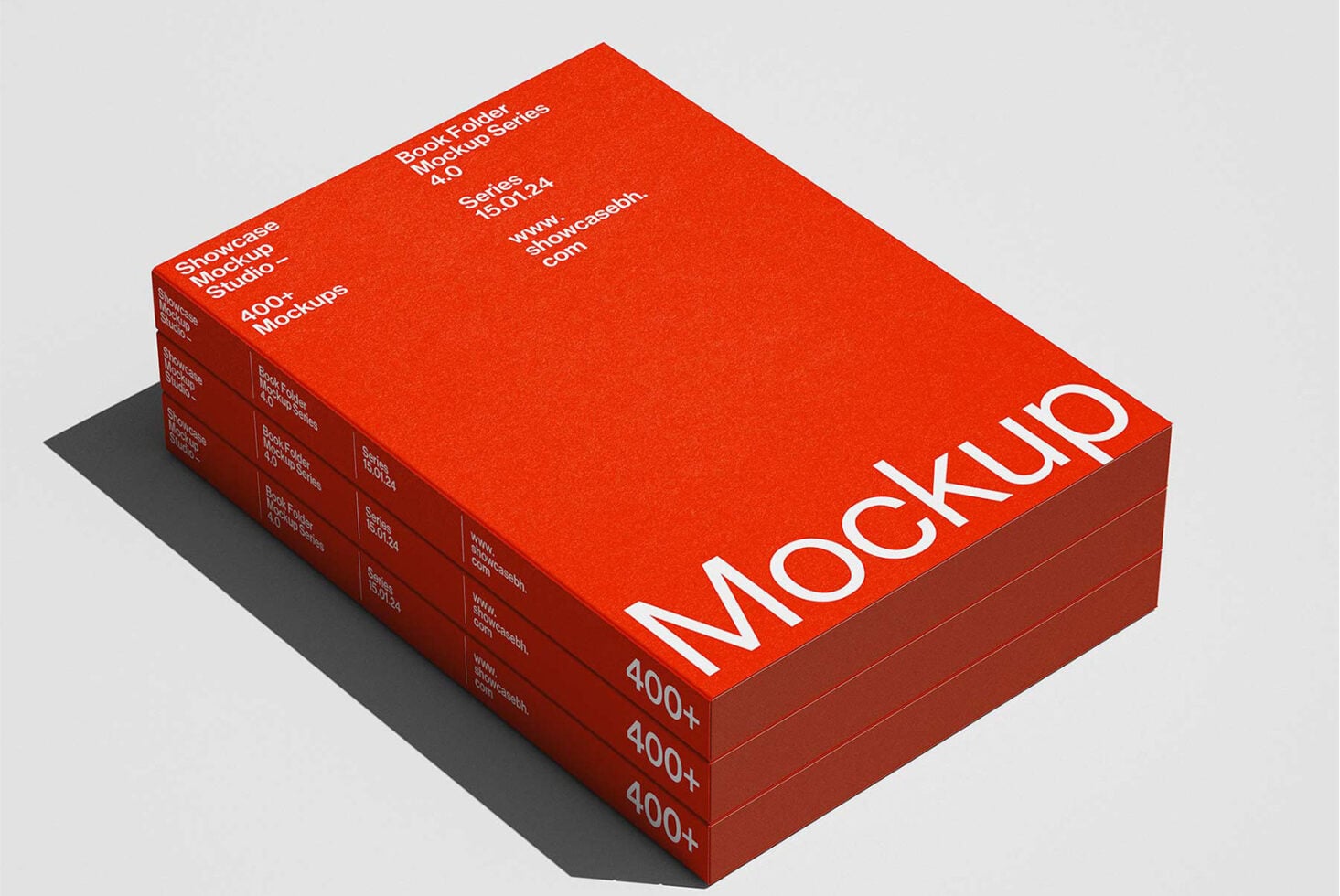 Stacked red folder mockups shown from angled view on gray