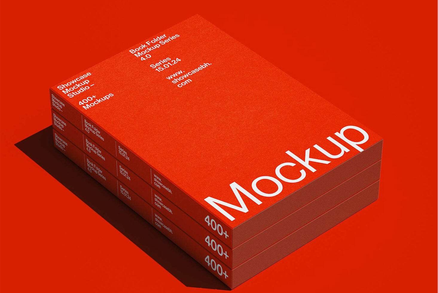 Isometric stack of red book folder mockups on red backdrop