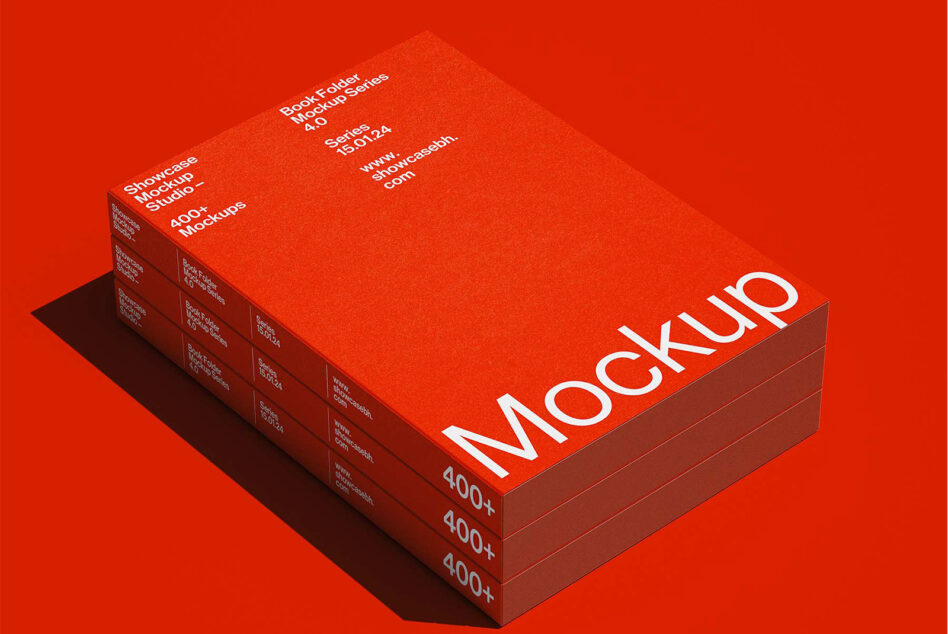 Isometric stack of red book folder mockups on red backdrop