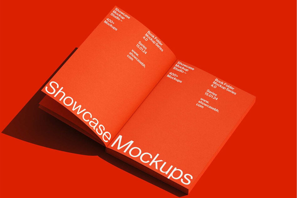 Two open red folder mockups on red background casting shadows