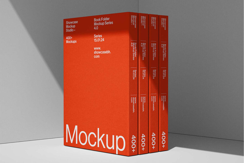 Stacked red book folder mockups with white text showing 400+ designs