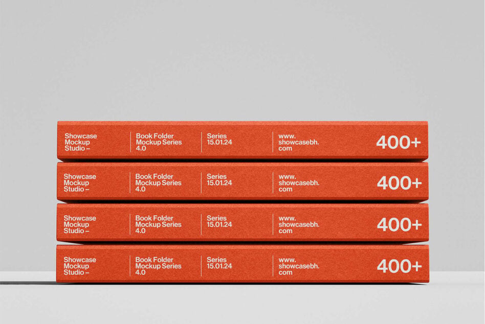 Stack of four red book folders with rounded edges on neutral gray background