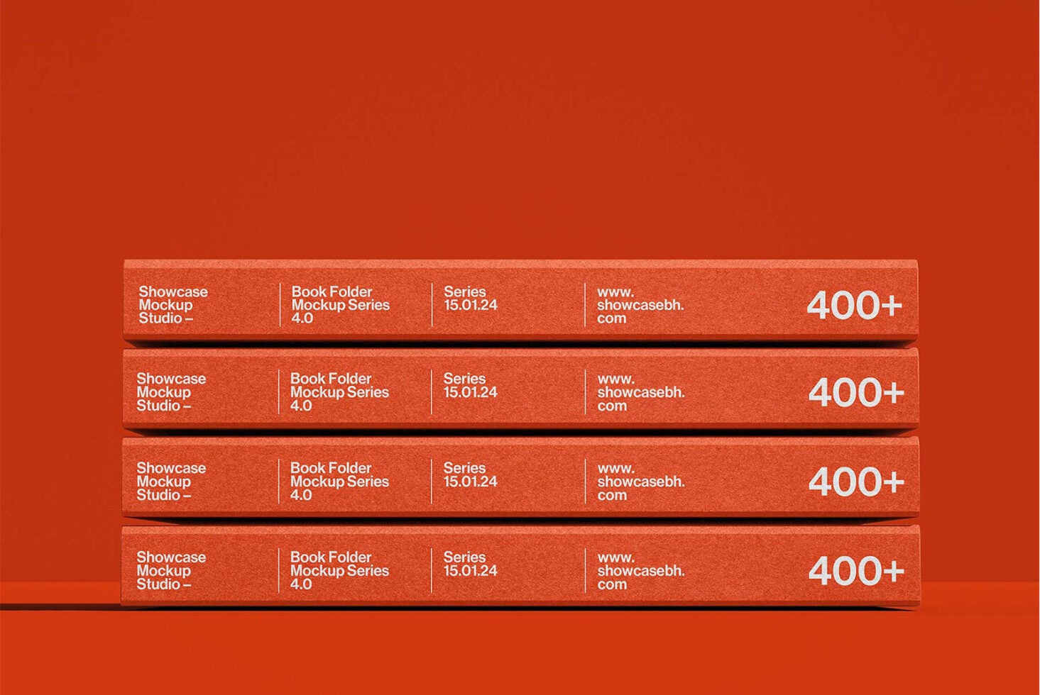 Four stacked red book folders with white text on bright orange background