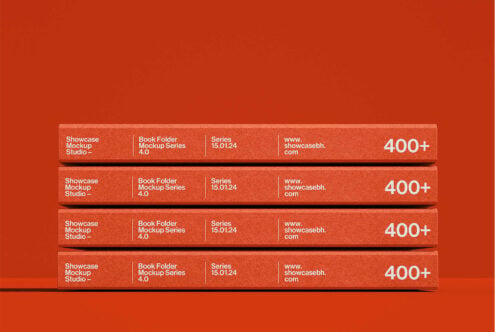 Four stacked red book folders with white text on bright orange background