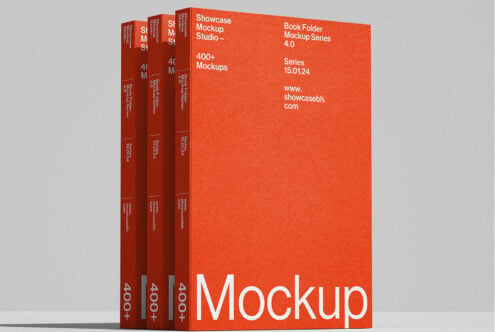 Four red book spines standing in row against light gray background mockup