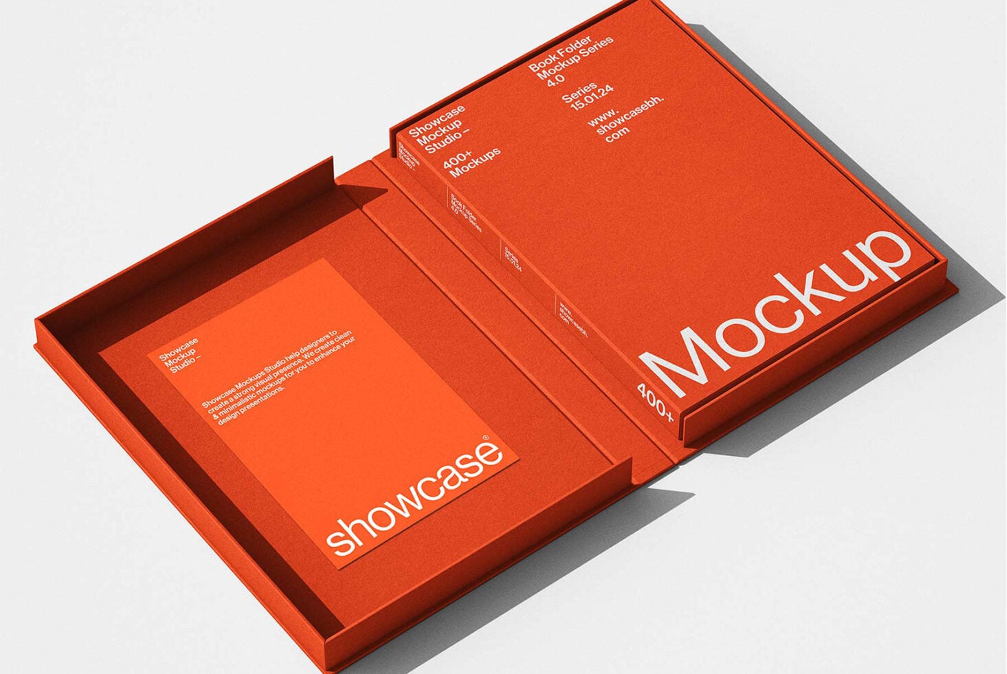 Open red box mockup with book folder insert casting shadow on gray background