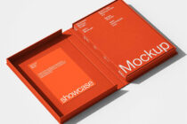Open red box mockup with book folder insert casting shadow on gray background