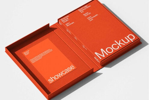 Open red box mockup with book folder insert casting shadow on gray background