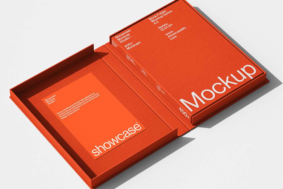 Open red box mockup with book folder insert casting shadow on gray background