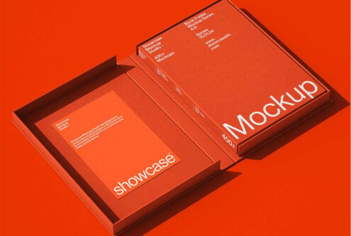 Open red box mockup with book folder insert on vibrant orange background