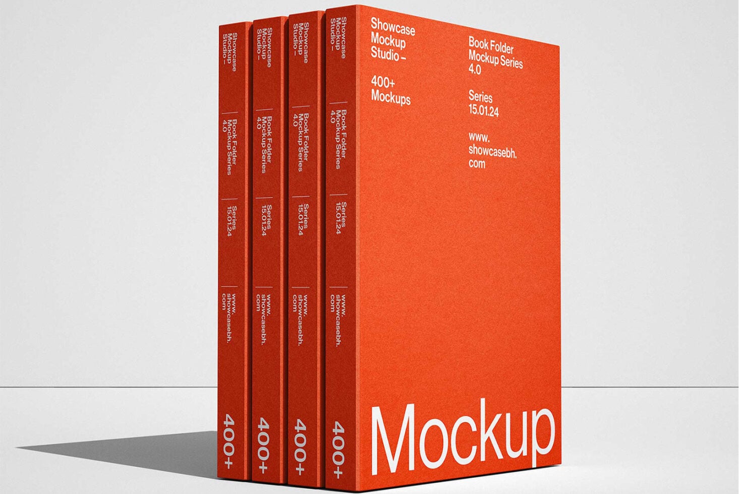 Stack of four red book mockups with white typography on solid orange background