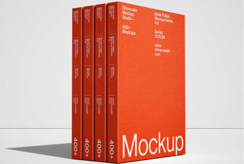 Stack of four red book mockups with white typography on solid orange background