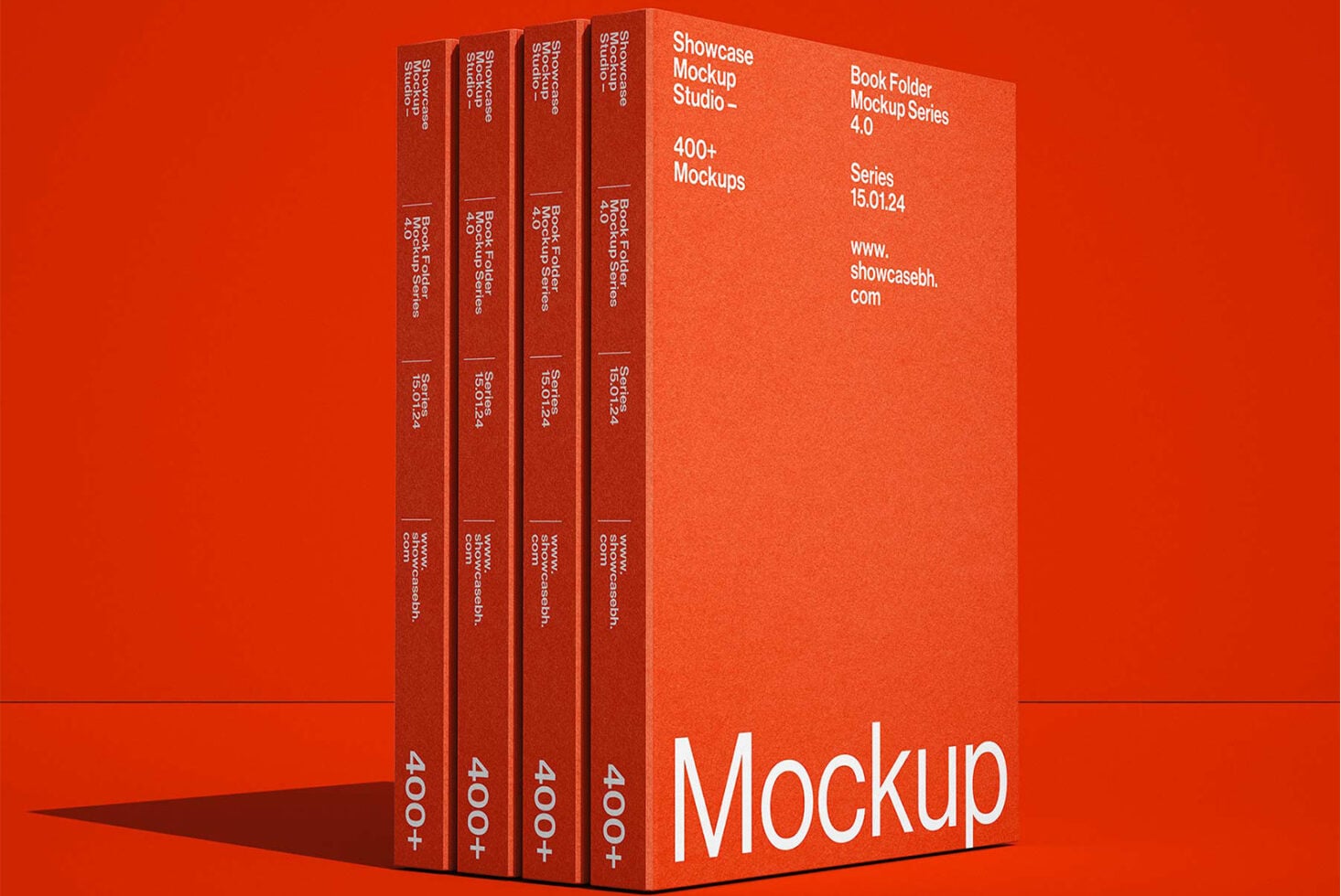 Four red books in front of tall red book cover mockup on red background