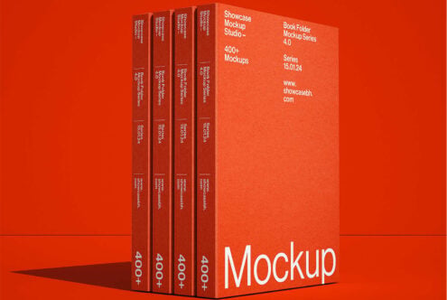 Four red books in front of tall red book cover mockup on red background