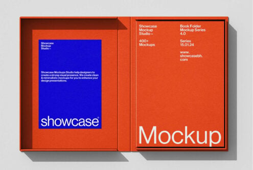 Red book folder box open revealing blue panel inside on gray background
