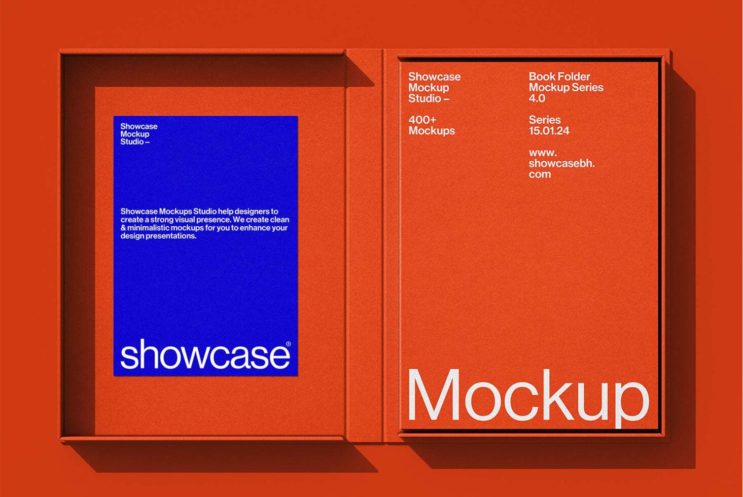Red box mockup open showing blue interior panel with Showcase branding