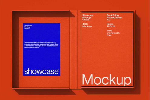 Red box mockup open showing blue interior panel with Showcase branding