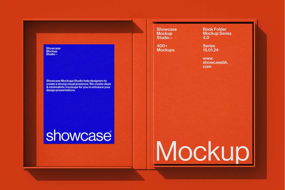Red box mockup open showing blue interior panel with Showcase branding