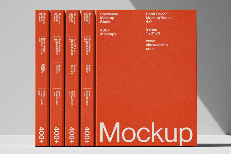 Four red books lined up beside large red book mockup with neutral backdrop