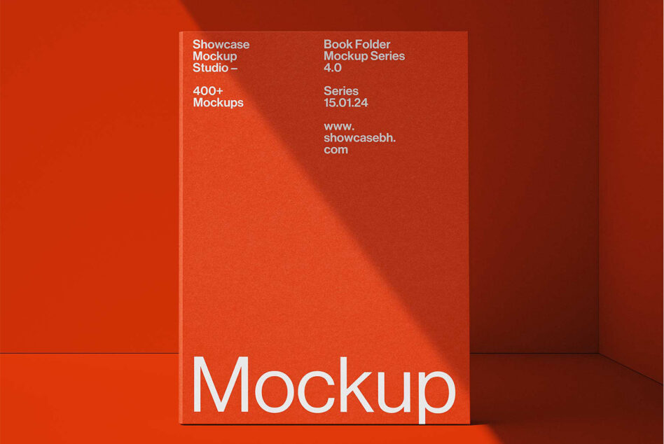 Single red book standing upright with white Mockup text on spine