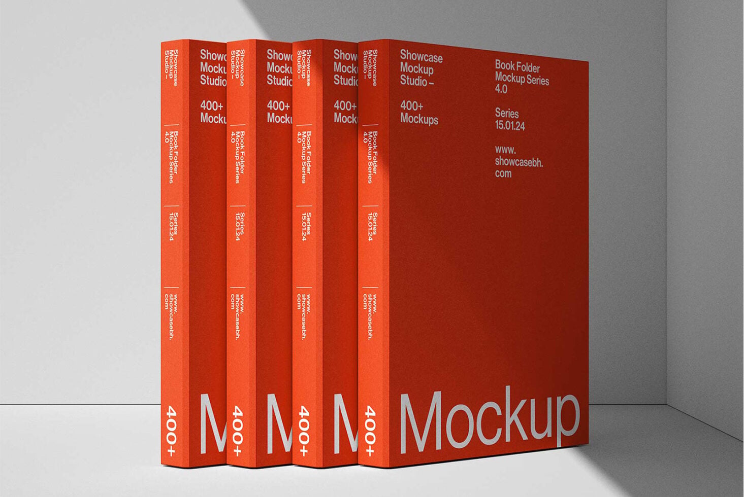 Stack of five red book spines with white text showing Showcase Mockup Studio series