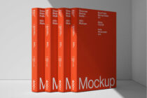Stack of five red book spines with white text showing Showcase Mockup Studio series