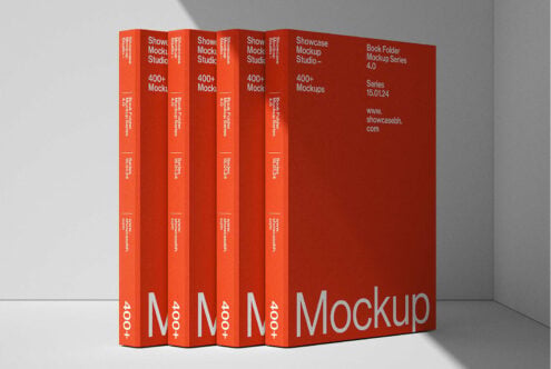 Stack of five red book spines with white text showing Showcase Mockup Studio series
