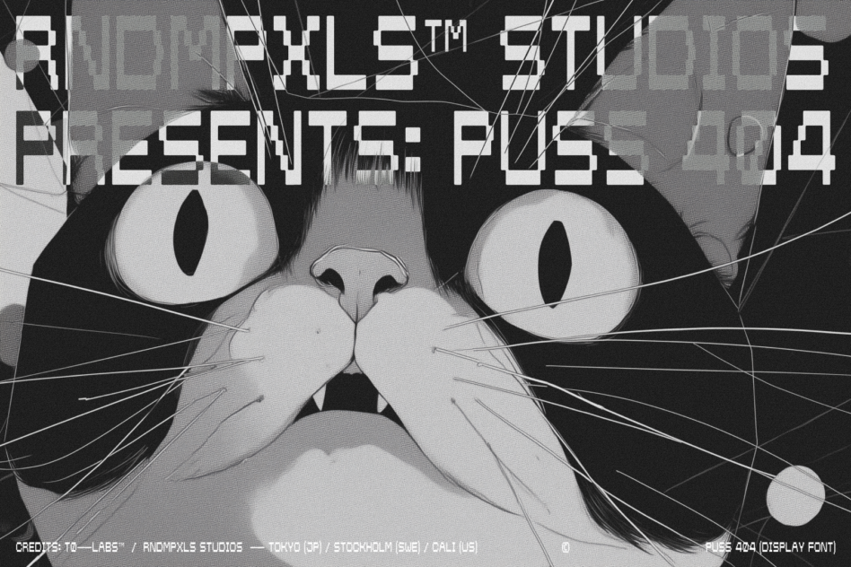 Close-up of wide-eyed cat face with shocked expression, pixelated glitch effects throughout