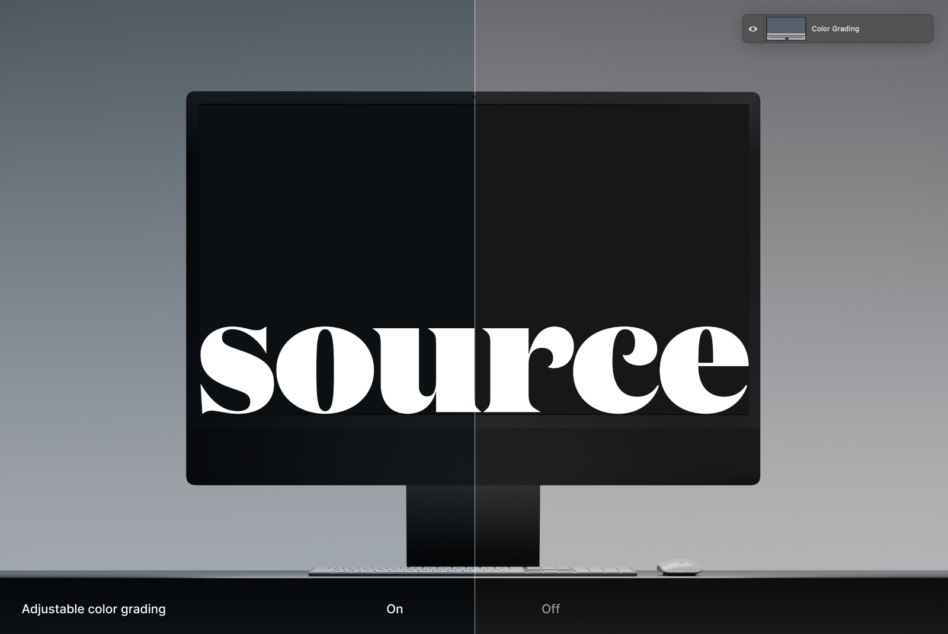 Dual monitor display mockup with split screen showing adjustable color grading feature