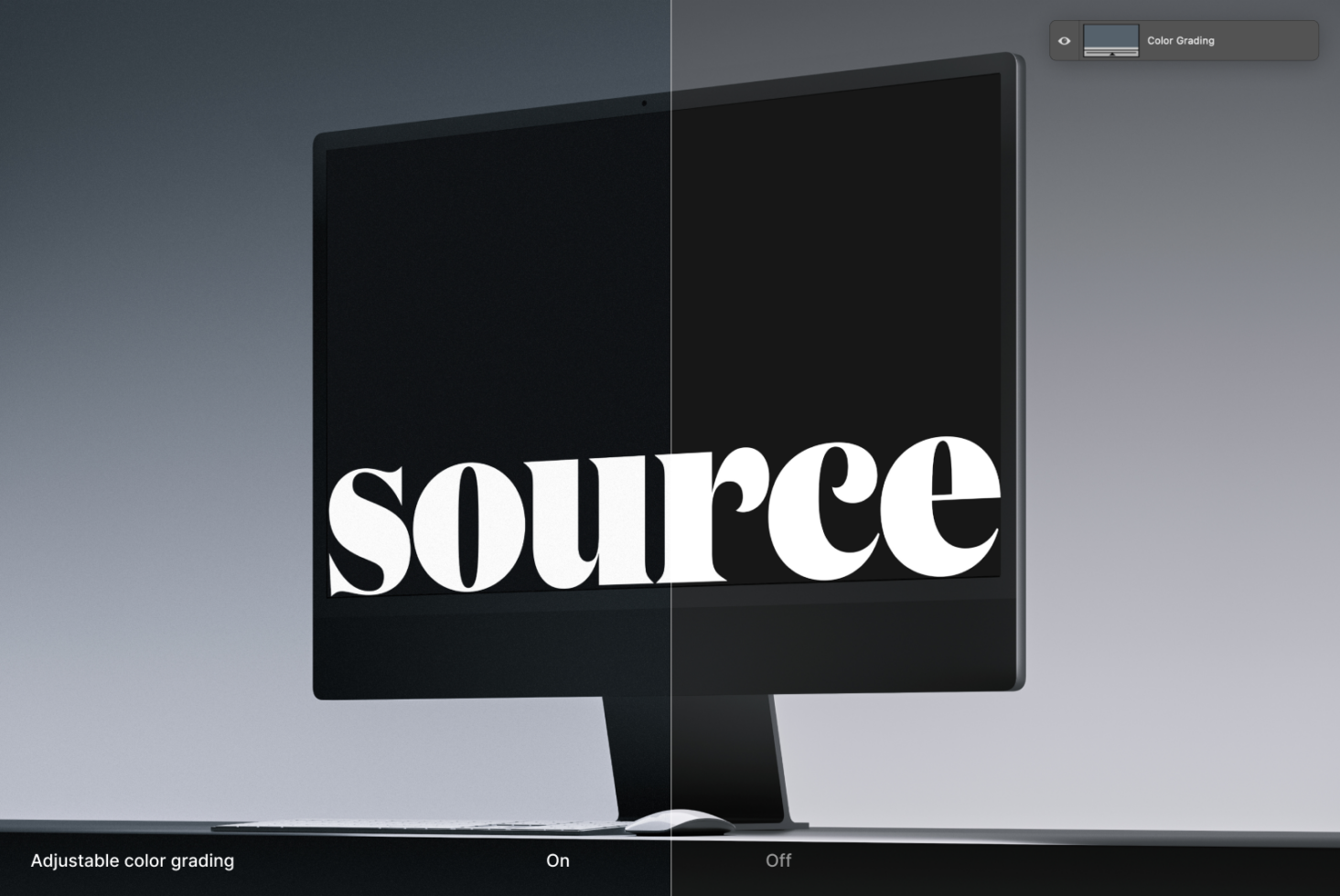 Desktop monitor showing source text with color grading adjustment