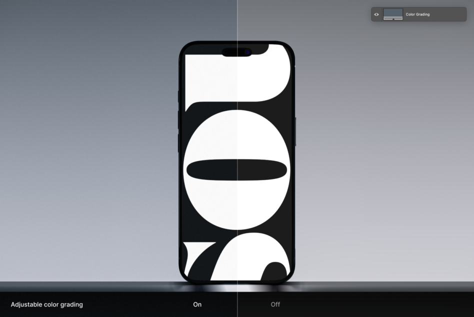 iPhone mockup with geometric shapes on screen showing color grading toggle