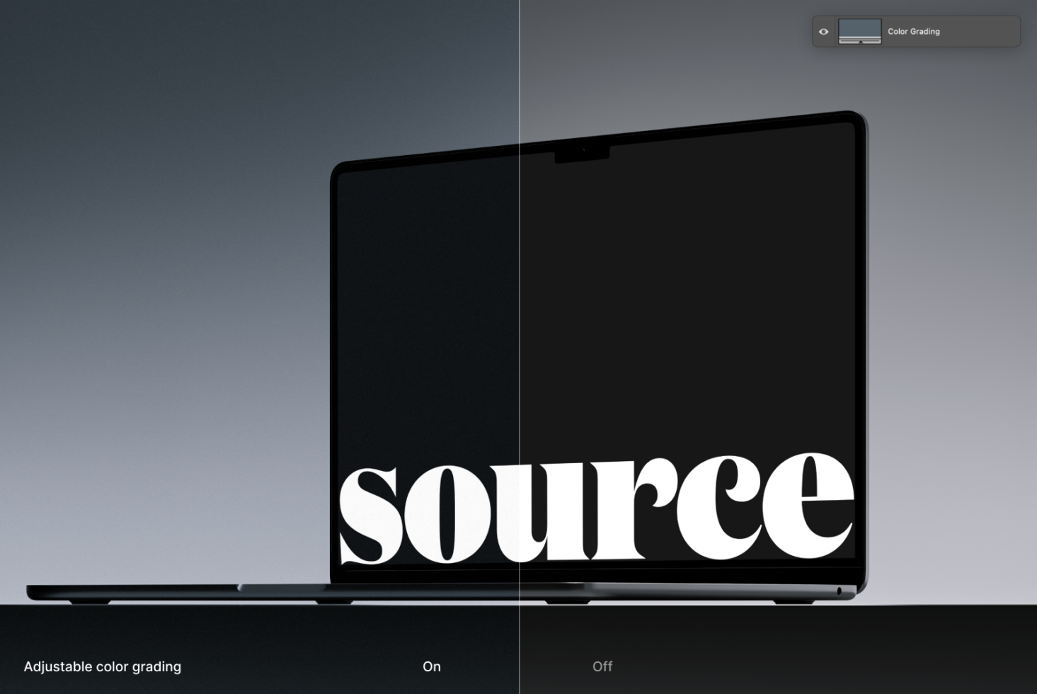 Laptop shown from side angle with color grading adjustment controls visible
