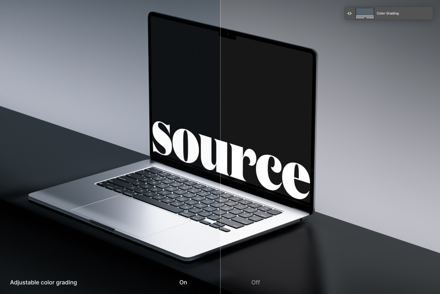 Open laptop at angle with serif typography displayed, color grading option shown
