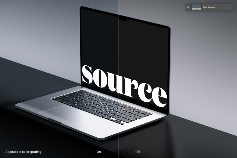 Open laptop at angle with serif typography displayed, color grading option shown