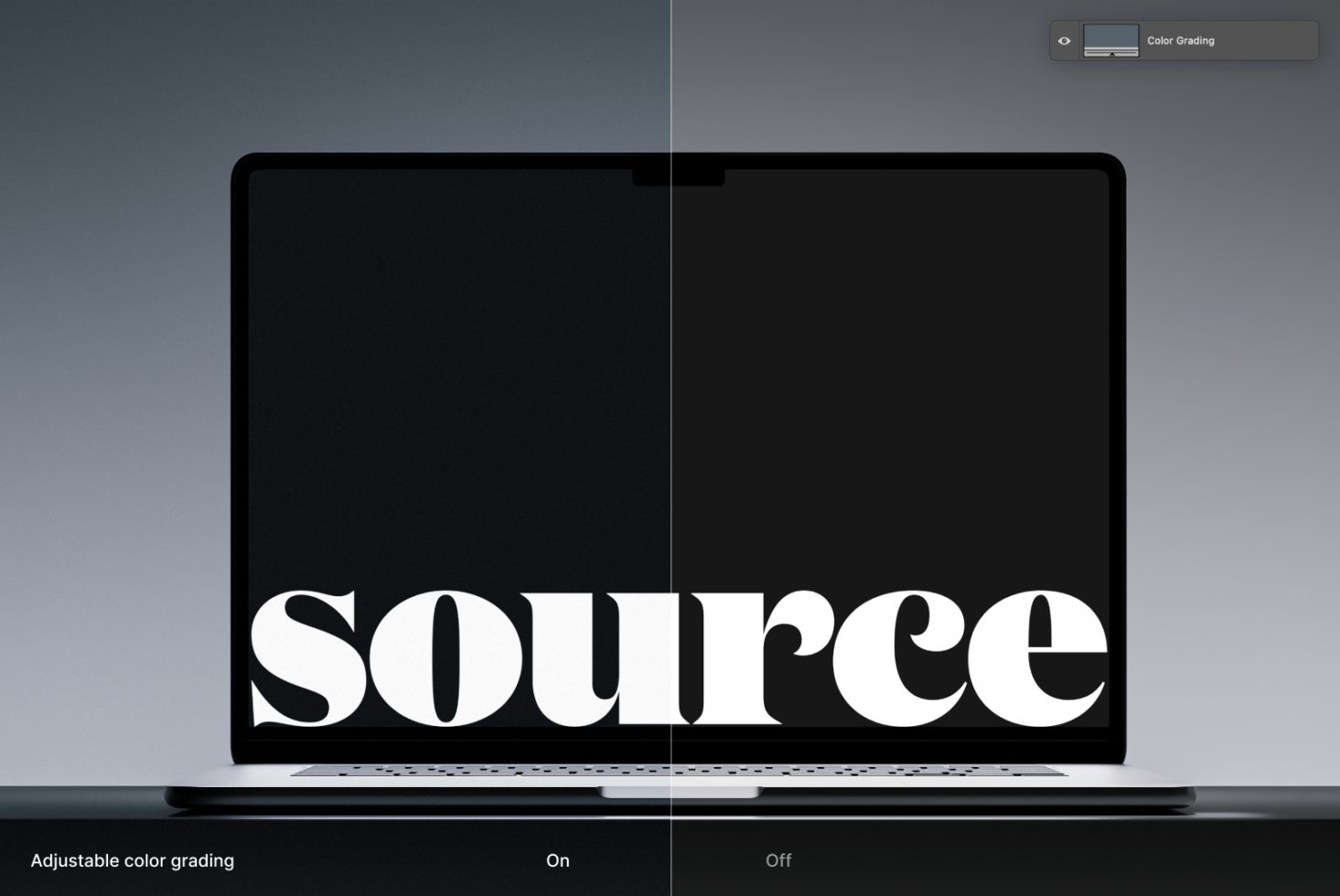 Laptop screen split showing color grading effect toggled on off comparison