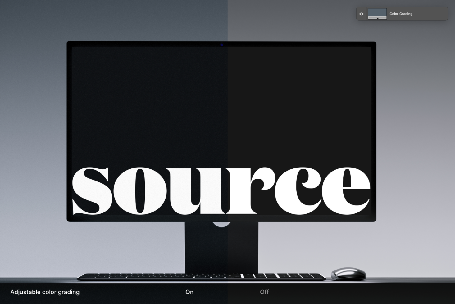 Dual monitor setup showing color grading effect on white lettering