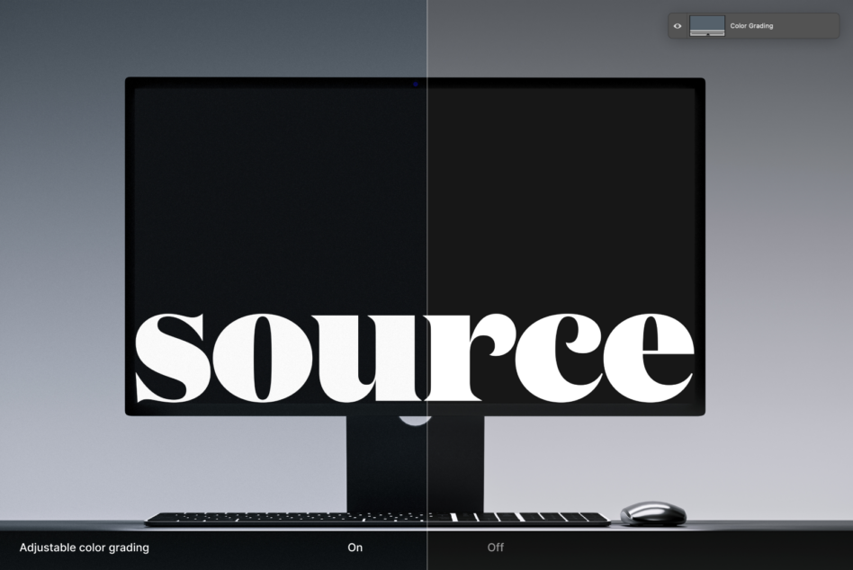 Dual monitor setup showing color grading effect on white lettering