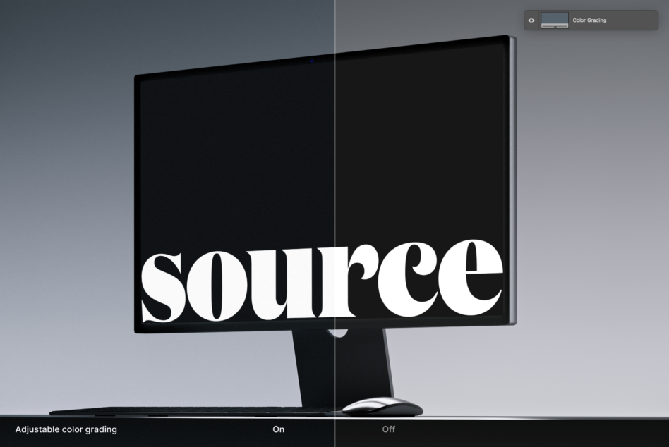 Monitor mockup with color grading filter active on bold typography