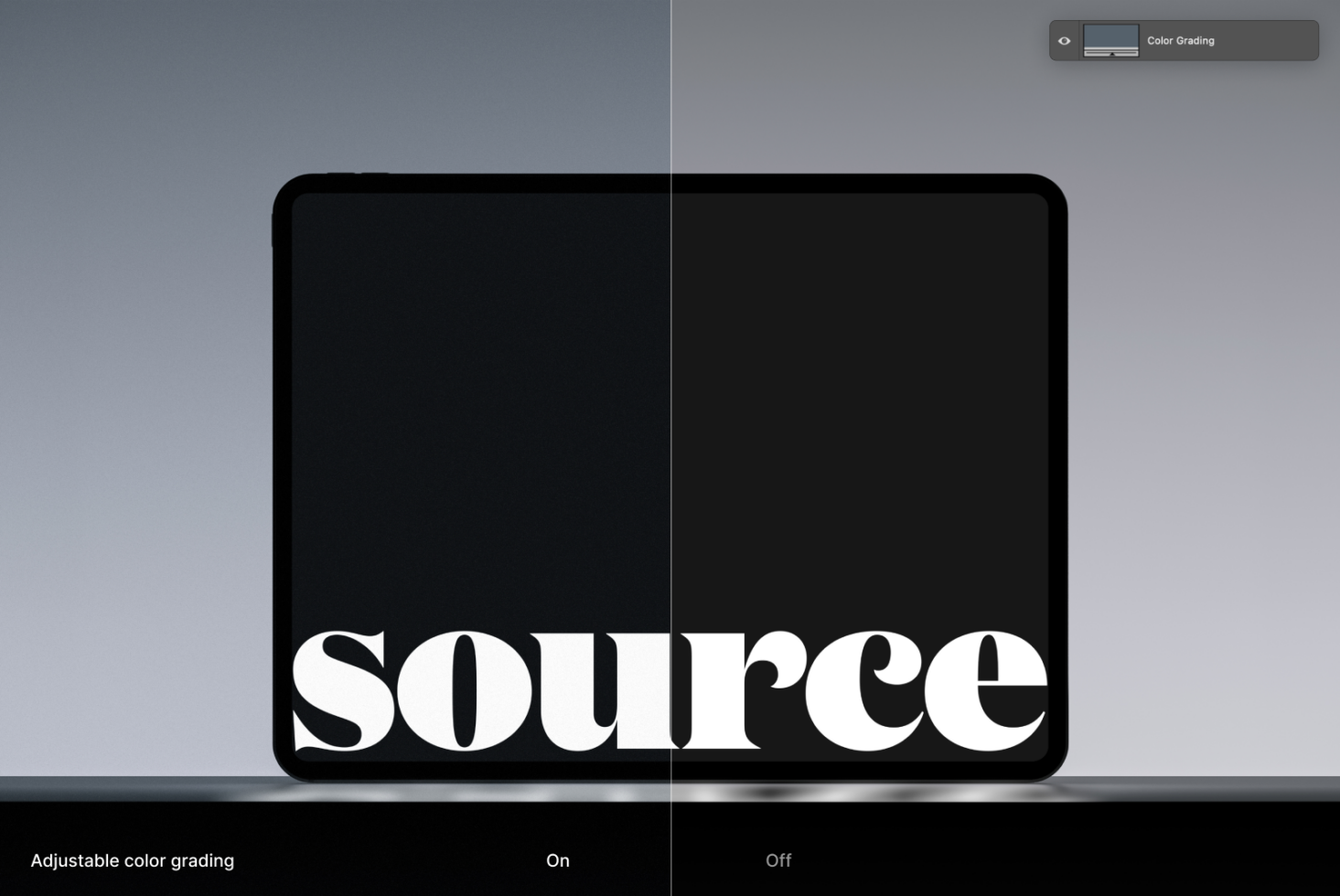 Large serif lettering on tablet with color grading adjustment visible